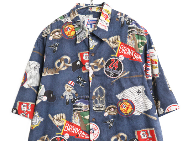 90s ハワイ製 レインスプーナー ヤンキース 総柄 半袖 アロハ シャツ メンズ L / オールド MLB オフィシャル コットン 半袖シャツ ボックス
