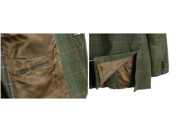 バブアー ツイード テーラード ジャケット メンズ XL 程/ ウール ブレザー チェック エルボーパッチ マルチカラー 大きいサイズ オリーブ
