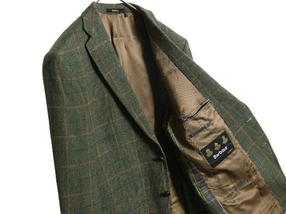 バブアー ツイード テーラード ジャケット メンズ XL 程/ ウール ブレザー チェック エルボーパッチ マルチカラー 大きいサイズ オリーブ