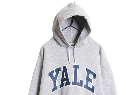 90s YALE カレッジ プリント スウェット フード パーカー メンズ M オールド ヘビーウェイト 裏起毛 トレーナー プルオーバー イエール 灰