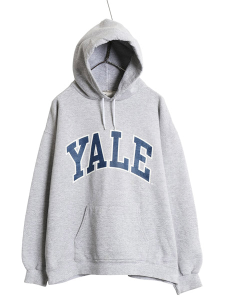 90s YALE カレッジ プリント スウェット フード パーカー メンズ M オールド ヘビーウェイト 裏起毛 トレーナー プルオーバー イエール 灰