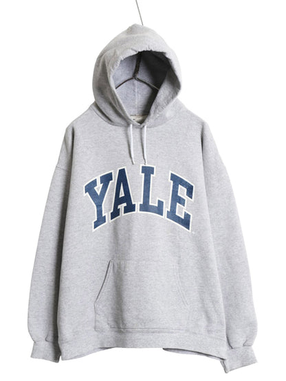 90s YALE カレッジ プリント スウェット フード パーカー メンズ M オールド ヘビーウェイト 裏起毛 トレーナー プルオーバー イエール 灰