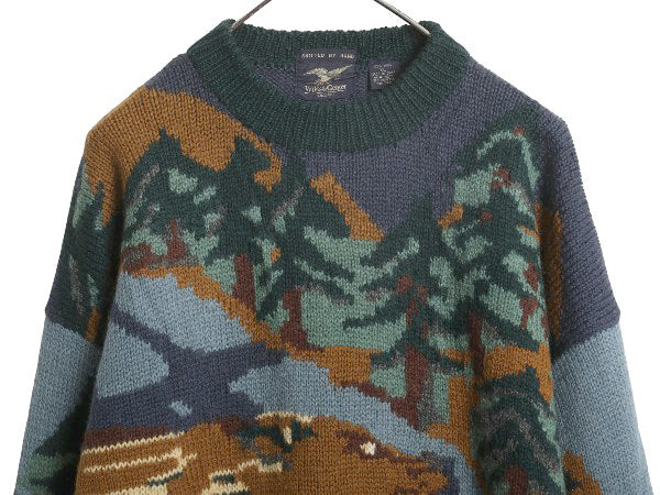 90s ウィリス&ガイガー デザイン ニット セーター メンズ XL オールド ウール 手編み ハンドメイド アウトドア アニマル 絵柄 大きいサイズ