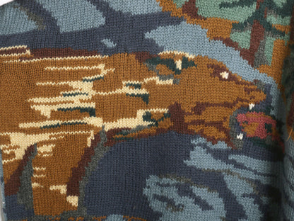 90s ウィリス&ガイガー デザイン ニット セーター メンズ XL オールド ウール 手編み ハンドメイド アウトドア アニマル 絵柄 大きいサイズ