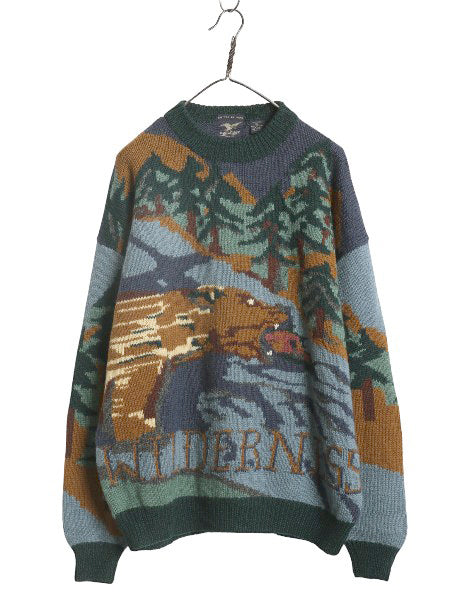 90s ウィリス&ガイガー デザイン ニット セーター メンズ XL オールド ウール 手編み ハンドメイド アウトドア アニマル 絵柄 大きいサイズ