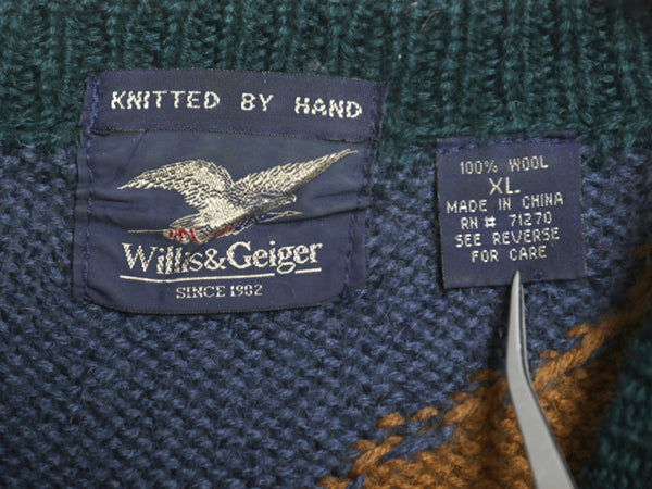 90s ウィリス&ガイガー デザイン ニット セーター メンズ XL オールド ウール 手編み ハンドメイド アウトドア アニマル 絵柄 大きいサイズ