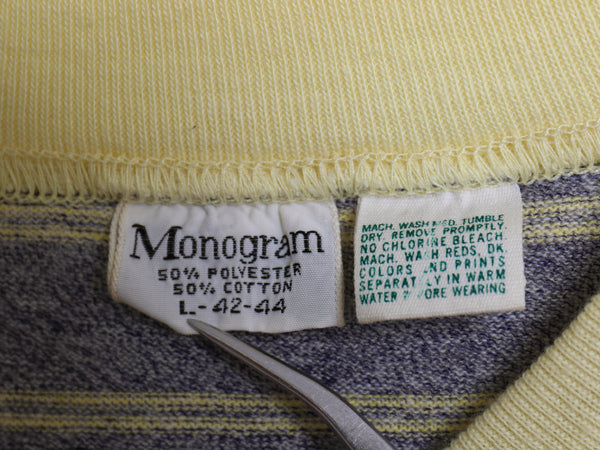 70s Monogram ボーダー 半袖 Tシャツ メンズ L 小さめ M 程/ ヴィンテージ シングルステッチ サーフ リンガー ツートン 霜降り グレー 黄色