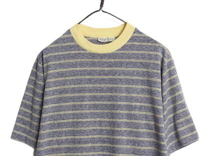 70s Monogram ボーダー 半袖 Tシャツ メンズ L 小さめ M 程/ ヴィンテージ シングルステッチ サーフ リンガー ツートン 霜降り グレー 黄色