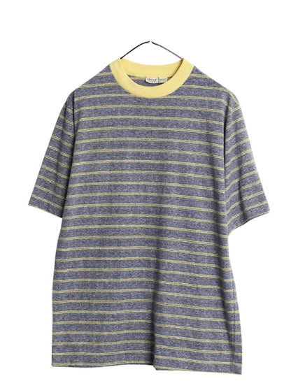 70s Monogram ボーダー 半袖 Tシャツ メンズ L 小さめ M 程/ ヴィンテージ シングルステッチ サーフ リンガー ツートン 霜降り グレー 黄色