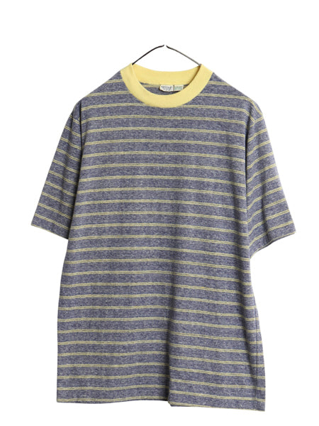 70s Monogram ボーダー 半袖 Tシャツ メンズ L 小さめ M 程/ ヴィンテージ シングルステッチ サーフ リンガー ツートン 霜降り グレー 黄色