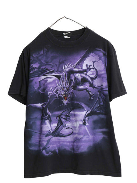 00s リキッドブルー ドラゴン プリント Tシャツ メンズ M 古着 オールド オフィシャル 当時物 両面 アート グラフィック 大判 イラスト 黒