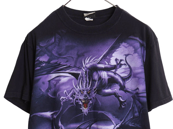 00s リキッドブルー ドラゴン プリント Tシャツ メンズ M 古着 オールド オフィシャル 当時物 両面 アート グラフィック 大判 イラスト 黒