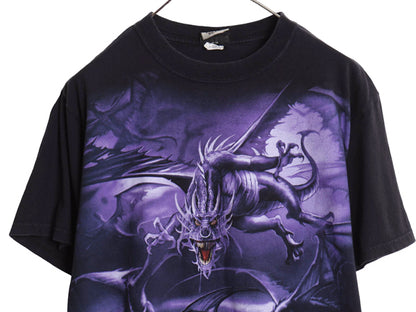00s リキッドブルー ドラゴン プリント Tシャツ メンズ M 古着 オールド オフィシャル 当時物 両面 アート グラフィック 大判 イラスト 黒