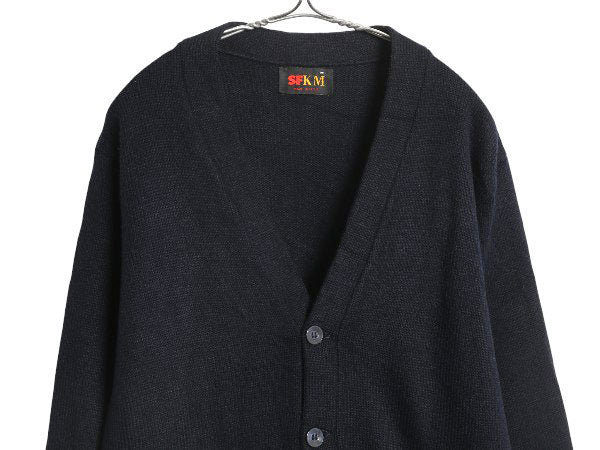 90s USA製 SFKM アクリル ニット ワーク カーディガン メンズ M / オールド セーター ポケット付き 前開き 羽織り 無地 ブラック シンプル