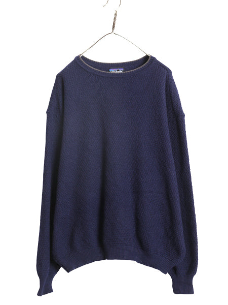 90s USA製 ★ パタゴニア ウール ニット セーター メンズ L オールド アウトドア ワッフル 鹿の子 クルーネック ビッグシルエット 無地 紺