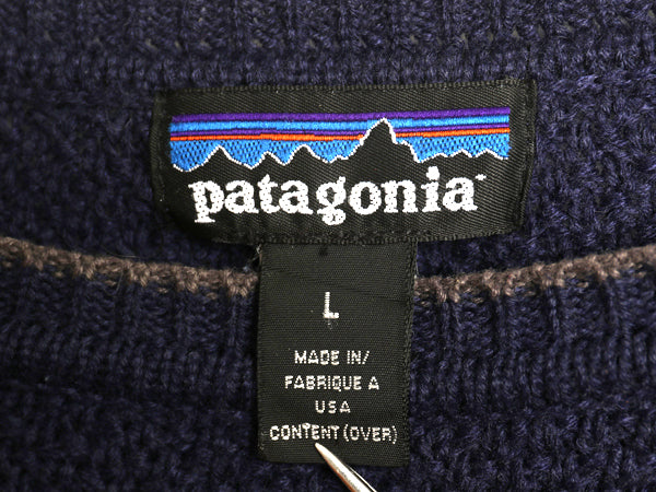 90s USA製 ★ パタゴニア ウール ニット セーター メンズ L オールド アウトドア ワッフル 鹿の子 クルーネック ビッグシルエット 無地 紺