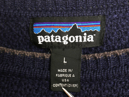 90s USA製 ★ パタゴニア ウール ニット セーター メンズ L オールド アウトドア ワッフル 鹿の子 クルーネック ビッグシルエット 無地 紺