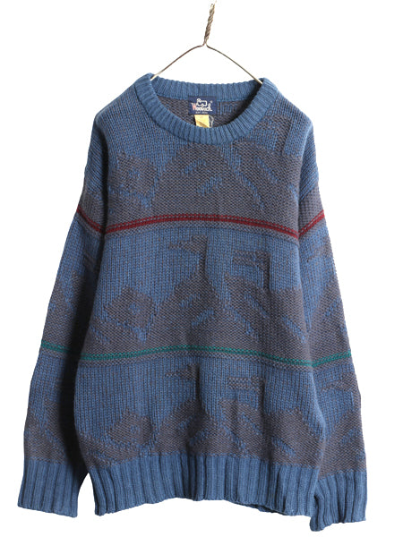 80s ウールリッチ デザイン ニット セーター メンズ M / ヴィンテージ アウトドア 立体編み 絵柄 ウール ハンティング アニマル ローゲージ