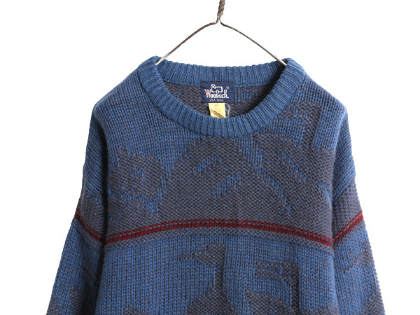 80s ウールリッチ デザイン ニット セーター メンズ M / ヴィンテージ アウトドア 立体編み 絵柄 ウール ハンティング アニマル ローゲージ
