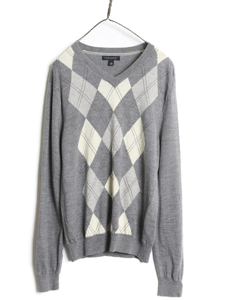 バナナリパブリック アーガイル ニット セーター メンズ M レディース L 程/ 古着 メリノ ウール ハイゲージ Vネック 総柄 トラッド グレー