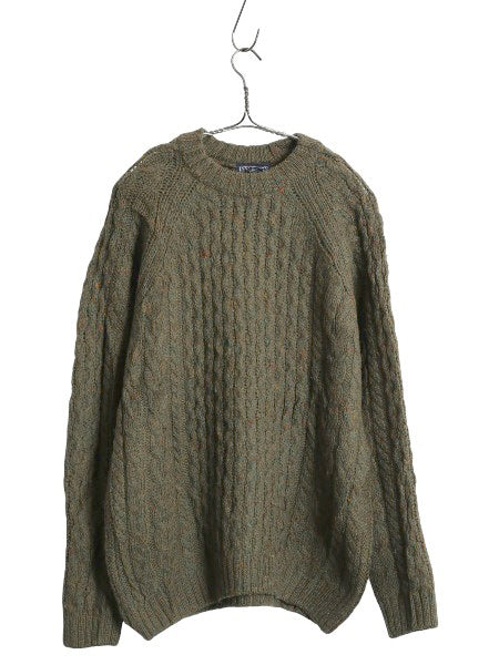 90s イギリス製 ランズエンド フィッシャーマン ウール ニット セーター レディース S / オールド アラン ケーブル ローゲージ 無地 カーキ
