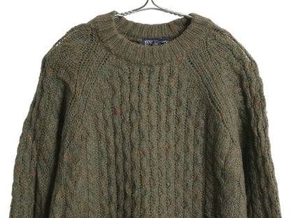 90s イギリス製 ランズエンド フィッシャーマン ウール ニット セーター レディース S / オールド アラン ケーブル ローゲージ 無地 カーキ