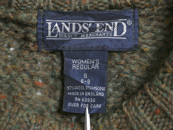 90s イギリス製 ランズエンド フィッシャーマン ウール ニット セーター レディース S / オールド アラン ケーブル ローゲージ 無地 カーキ