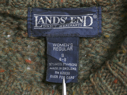 90s イギリス製 ランズエンド フィッシャーマン ウール ニット セーター レディース S / オールド アラン ケーブル ローゲージ 無地 カーキ