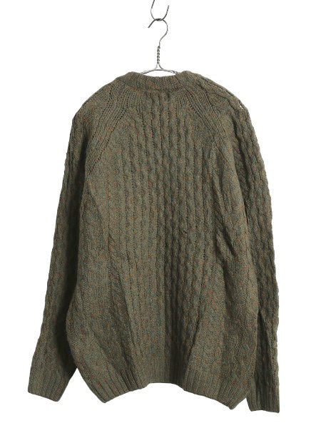 90s イギリス製 ランズエンド フィッシャーマン ウール ニット セーター レディース S / オールド アラン ケーブル ローゲージ 無地 カーキ