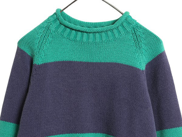 90s エディーバウアー ロールネック ボーダー ニット セーター メンズ S / オールド コットン リブ編み 長袖ニット ハイネック カットソー