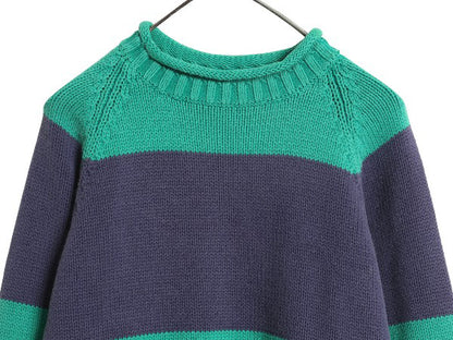 90s エディーバウアー ロールネック ボーダー ニット セーター メンズ S / オールド コットン リブ編み 長袖ニット ハイネック カットソー