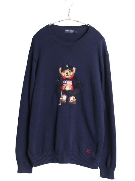 ポロベア ポロゴルフ ラルフローレン ニット セーター メンズ XL 古着 コットン キャラクター クルーネック 星条旗 ポニー 大きいサイズ 紺