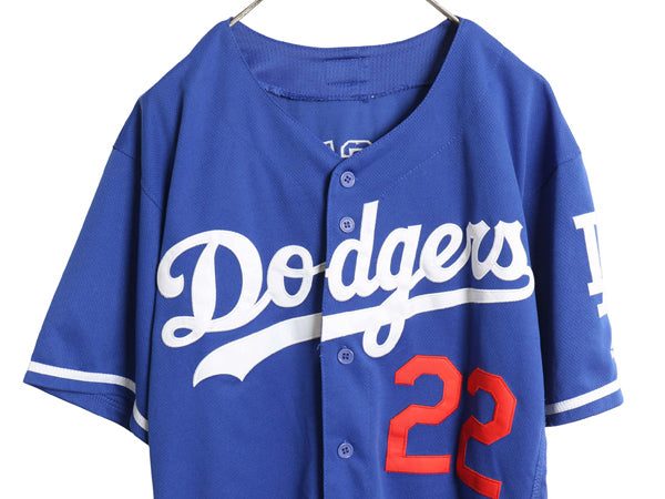 USA製 ドジャース ベースボール シャツ メンズ L 程/ MLB オフィシャル マジェスティック 大リーグ ユニフォーム ゲームシャツ 重ね着 野球