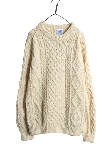 90s JOHN MOLLOY フィッシャーマン ウール ニット セーター メンズ XL 程/ オールド ハンドメイド アラン ケーブル ローゲージ ナチュラル
