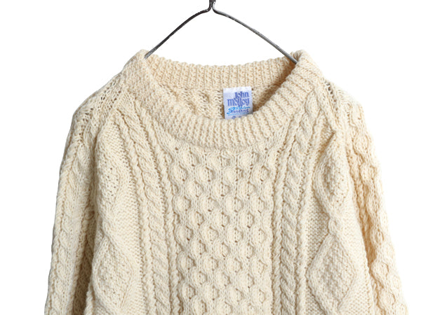 90s JOHN MOLLOY フィッシャーマン ウール ニット セーター メンズ XL 程/ オールド ハンドメイド アラン ケーブル ローゲージ ナチュラル