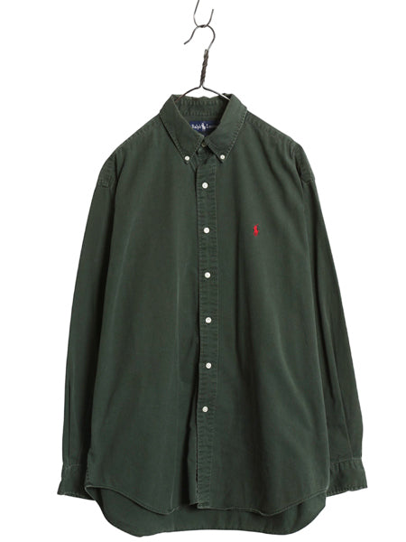 90s ラルフローレン 長袖 ボタンダウン シャツ メンズ L / オールド ポロ 長袖シャツ ワンポイント コットン チノ シンプル ワイシャツ 緑