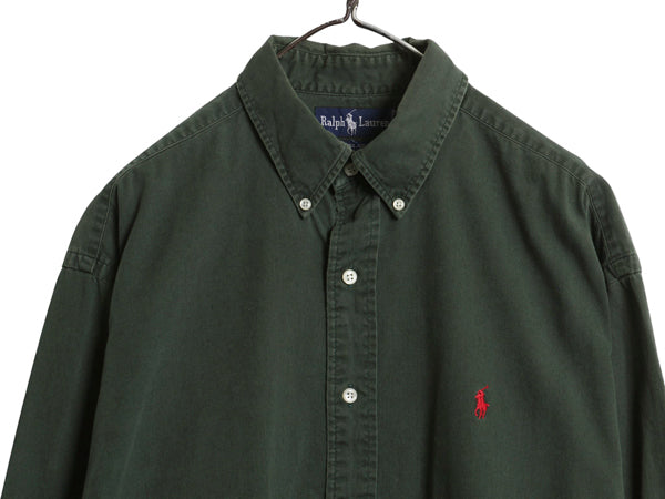 90s ラルフローレン 長袖 ボタンダウン シャツ メンズ L / オールド ポロ 長袖シャツ ワンポイント コットン チノ シンプル ワイシャツ 緑