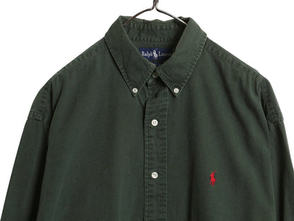 90s ラルフローレン 長袖 ボタンダウン シャツ メンズ L / オールド ポロ 長袖シャツ ワンポイント コットン チノ シンプル ワイシャツ 緑