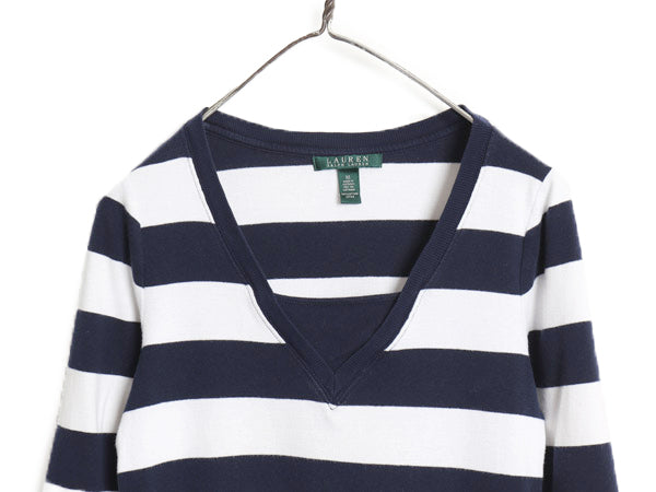 00s ローレン ラルフローレン Vネック ボーダー 長袖 Tシャツ レディース M オールド ７分袖 ロンT コットン ストレッチ リブ編み きれいめ
