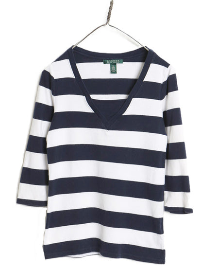 00s ローレン ラルフローレン Vネック ボーダー 長袖 Tシャツ レディース M オールド ７分袖 ロンT コットン ストレッチ リブ編み きれいめ