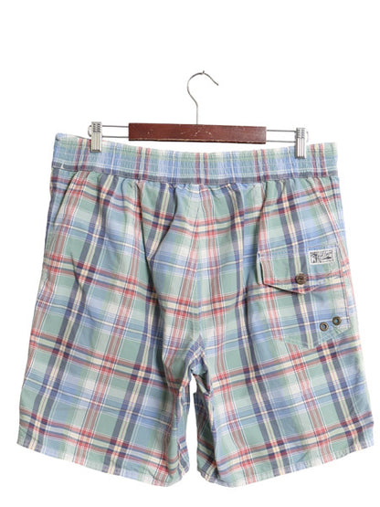 90s ポロ ラルフローレン チェック ショートパンツ メンズ L / オールド ナイロン コットン ショーツ 短パン 海パン 水陸両用 インナー付き