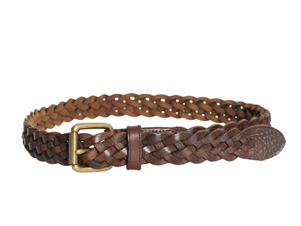 FOSSIL 本革レザー メッシュ ベルト メンズ レディース フリーサイズ 103cm 古着 ゴールド ブラス バックル 編み込み 穴なし カジュアル 茶