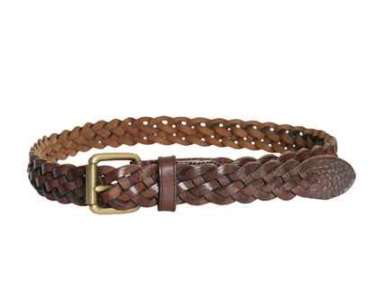 FOSSIL 本革レザー メッシュ ベルト メンズ レディース フリーサイズ 103cm 古着 ゴールド ブラス バックル 編み込み 穴なし カジュアル 茶