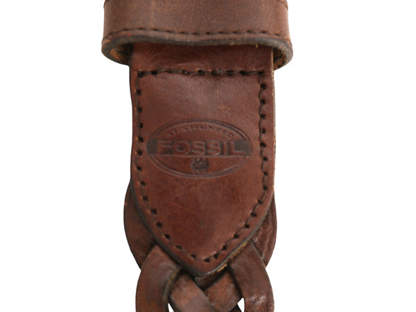 FOSSIL 本革レザー メッシュ ベルト メンズ レディース フリーサイズ 103cm 古着 ゴールド ブラス バックル 編み込み 穴なし カジュアル 茶