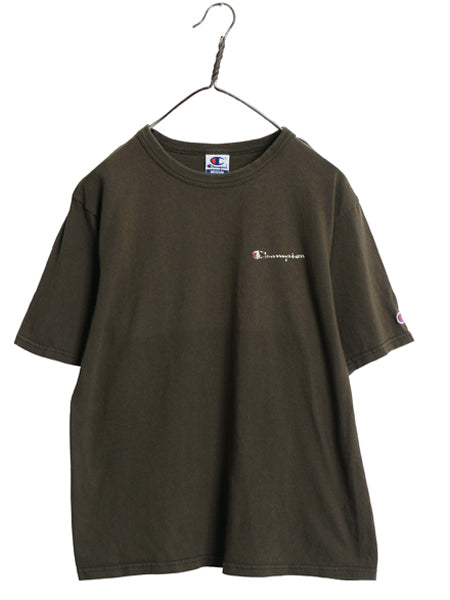 90s チャンピオン スクリプト ロゴ  プリント 半袖 Tシャツ メンズ M オールド 100% コットン ヘビーウェイト ワンポイント 目付き カーキ