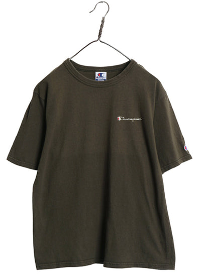 90s チャンピオン スクリプト ロゴ  プリント 半袖 Tシャツ メンズ M オールド 100% コットン ヘビーウェイト ワンポイント 目付き カーキ