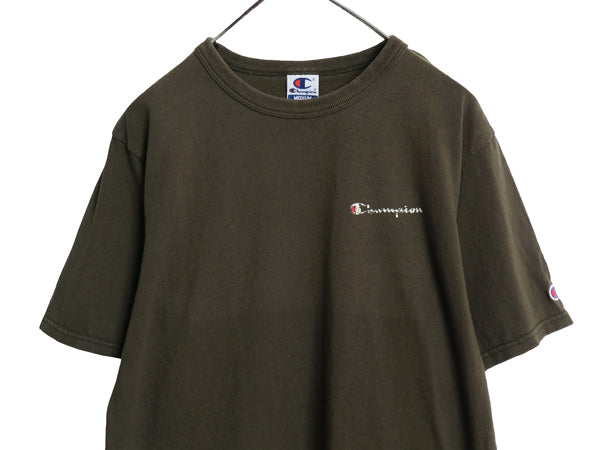 90s チャンピオン スクリプト ロゴ  プリント 半袖 Tシャツ メンズ M オールド 100% コットン ヘビーウェイト ワンポイント 目付き カーキ