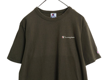 90s チャンピオン スクリプト ロゴ  プリント 半袖 Tシャツ メンズ M オールド 100% コットン ヘビーウェイト ワンポイント 目付き カーキ