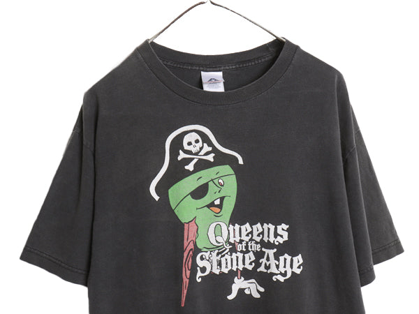 00s ★ クイーンズオブザストーンエイジ キャラクター イラスト プリント Tシャツ メンズ L 古着 当時物 オールド バンド ロック パンク 黒