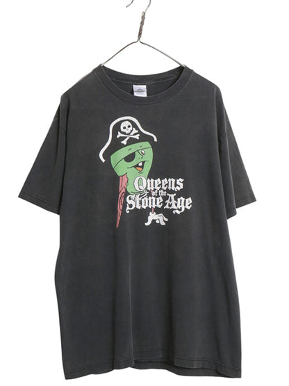 00s ★ クイーンズオブザストーンエイジ キャラクター イラスト プリント Tシャツ メンズ L 古着 当時物 オールド バンド ロック パンク 黒